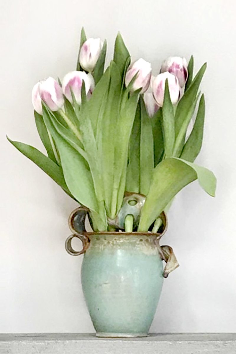 A small verdigris vase with lug handles holding a bunch of pink and white tulips.