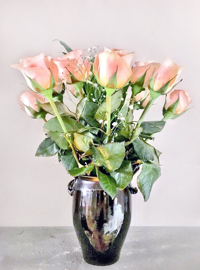 A dark glossy brown vase with small lug handles holding peach roses.